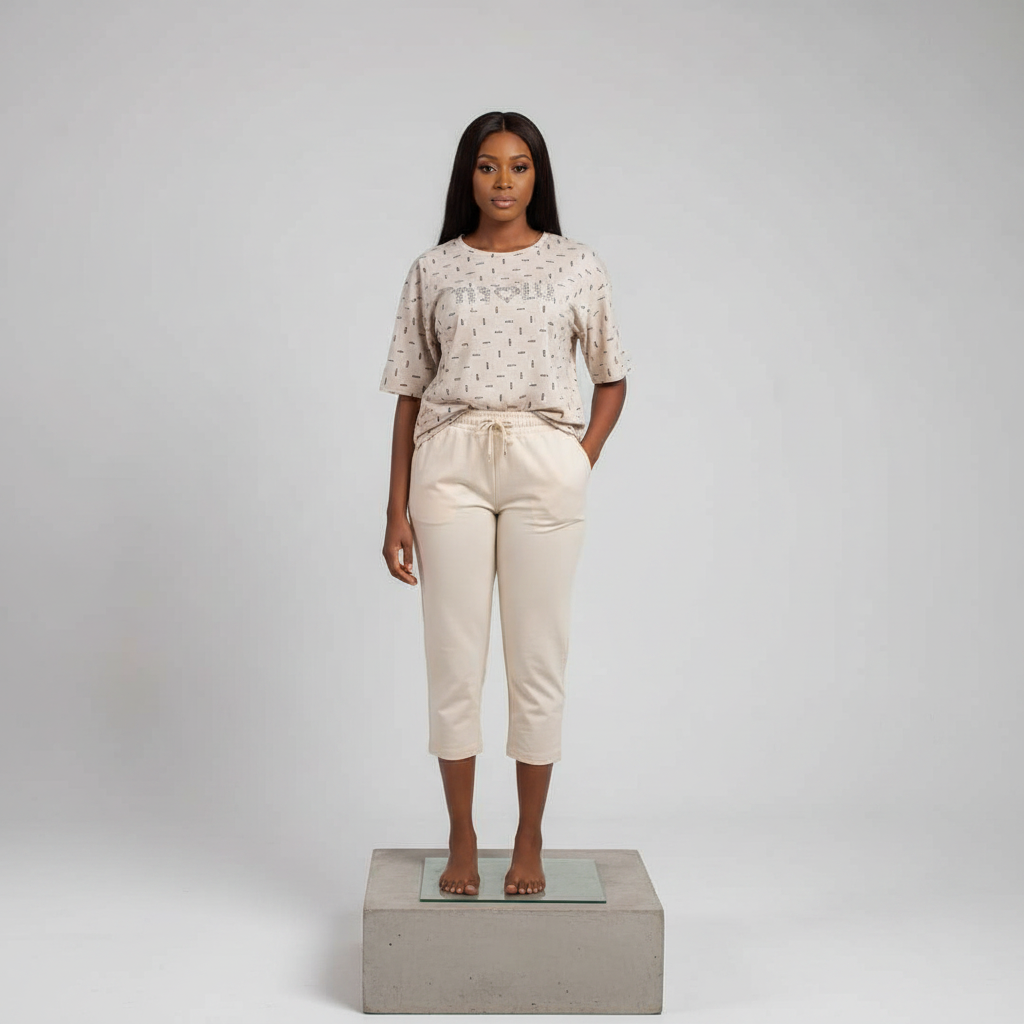 Cream Relaxed Fit Capri Jogger Trousers - Model Front View