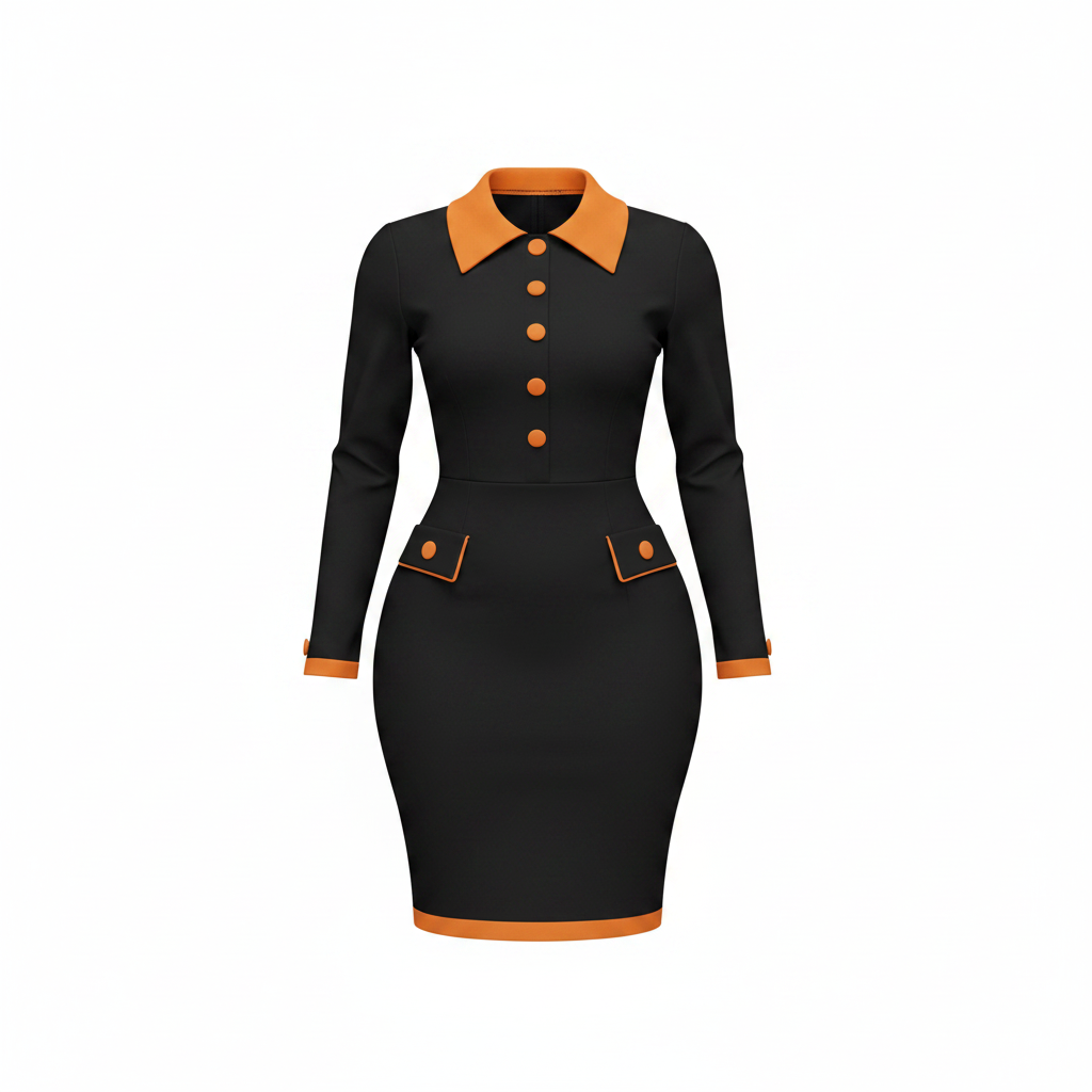 Women's black and orange contrast collar button-front bodycon midi dress - ghost mannequin view