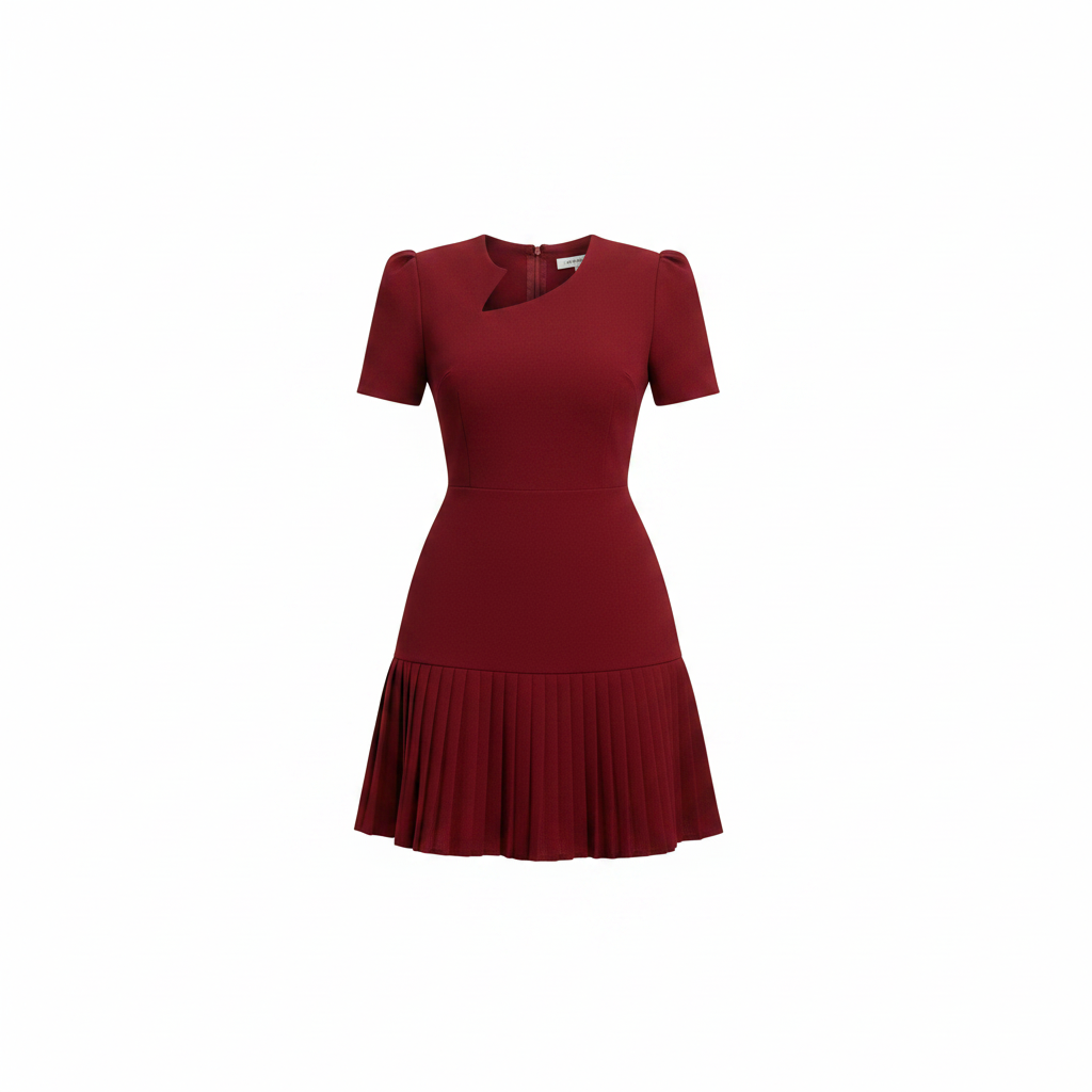 Ghost mannequin view of Women's Burgundy Short-Sleeve Asymmetric Neck Flared Mini Dress