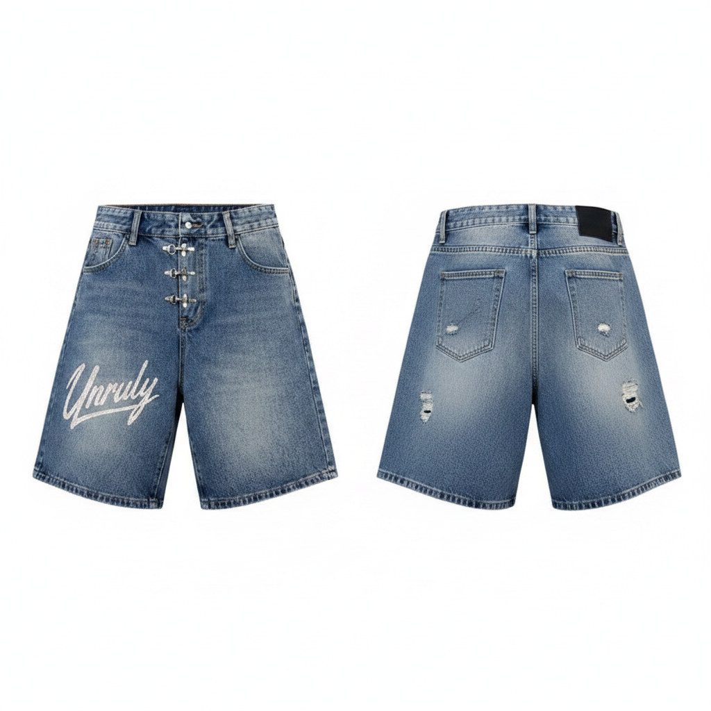 Men's light blue cursive script clasp hardware distressed denim shorts ghost mannequin front and back view