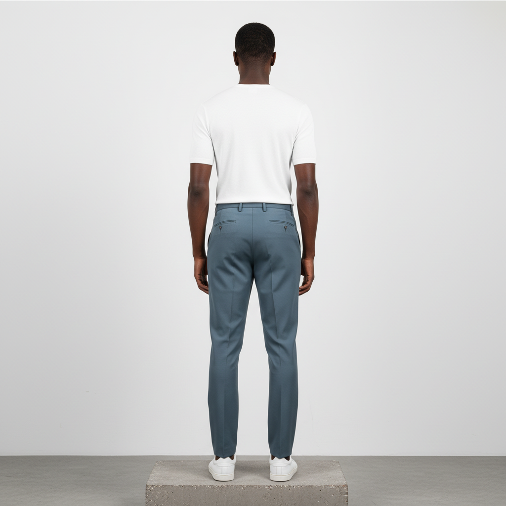 Steel Blue Pleated Tapered Trousers - Model Back