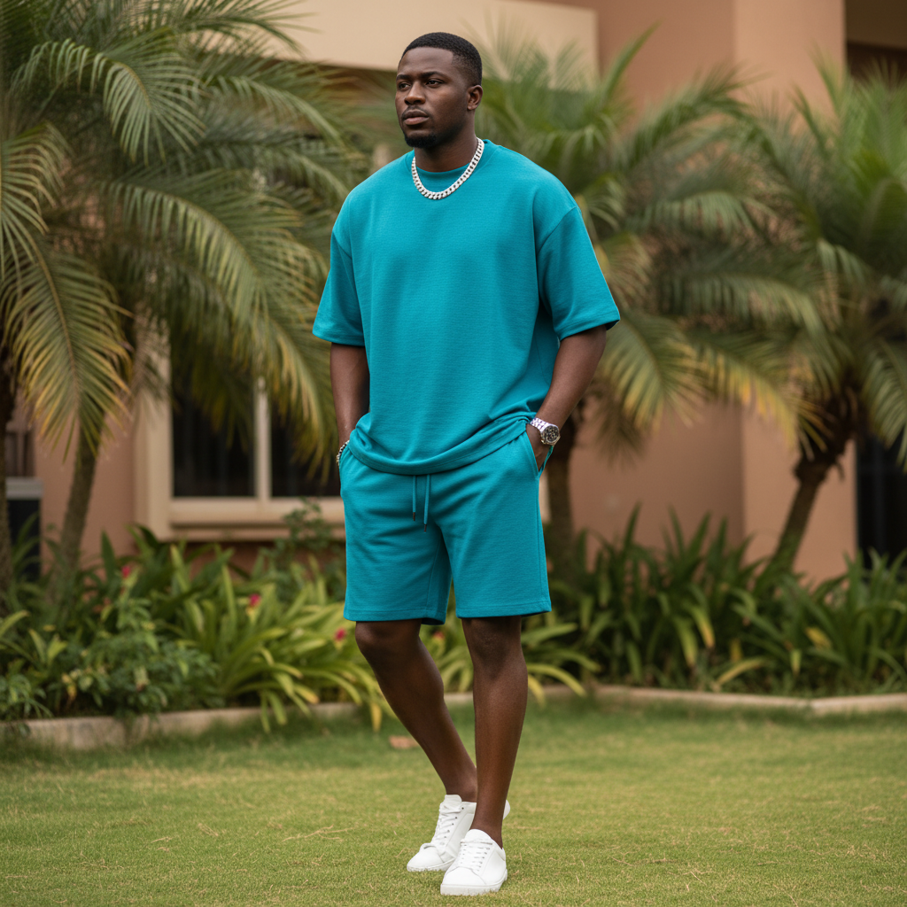 Nigerian male model wearing plain teal matching co-ord set outdoors