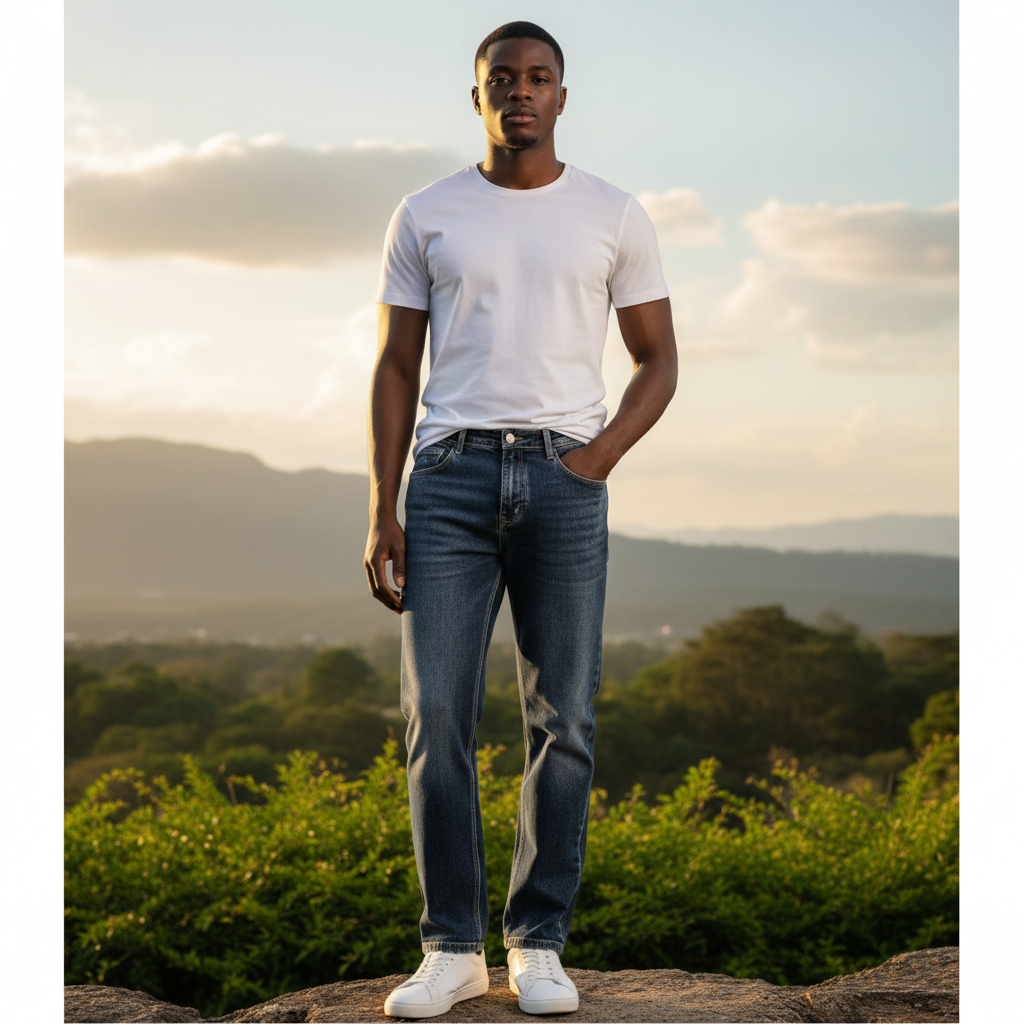 Nigerian model wearing Dark Blue Monogram Jacquard Straight Jeans