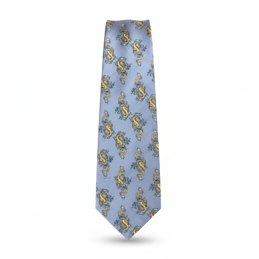 Men's powder blue golden dragon print woven necktie ghost mannequin white background