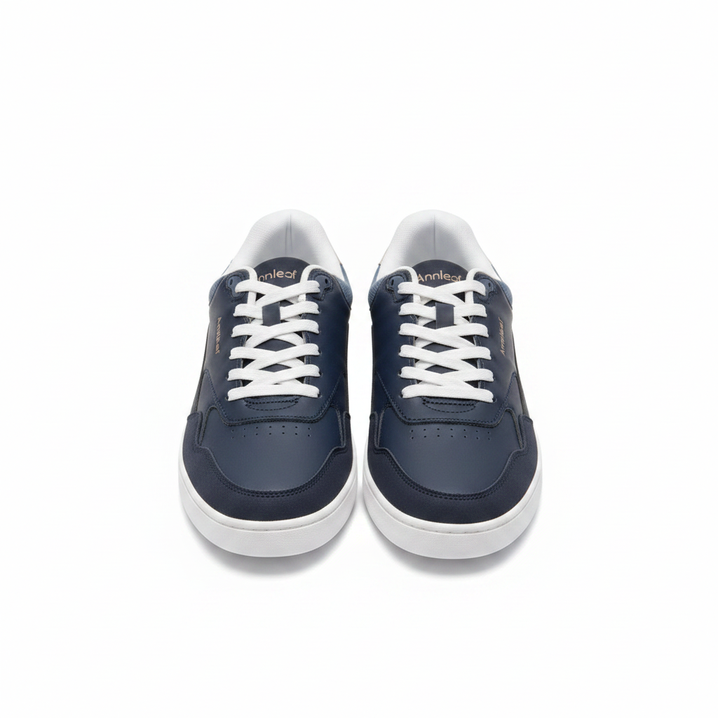 Men's navy blue court sneakers ghost mannequin front view