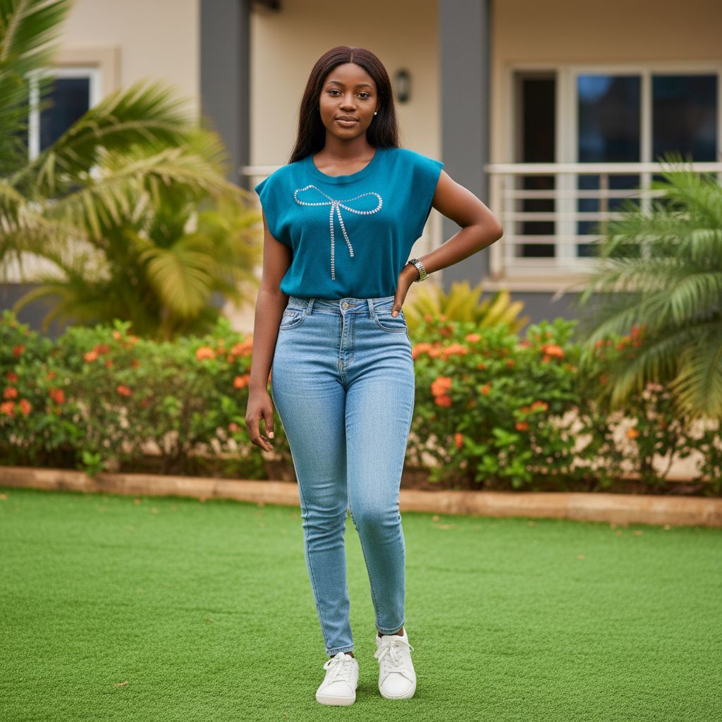 Nigerian teenage girl wearing teal rhinestone bow knit wide-neck sleeveless top