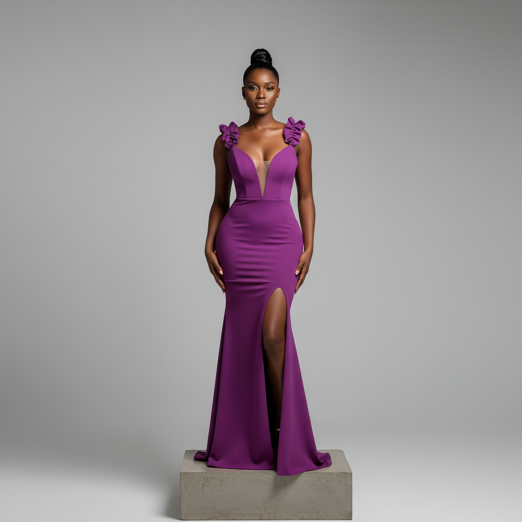 Purple Ruffle Strap Mermaid Maxi Gown - Model Shot