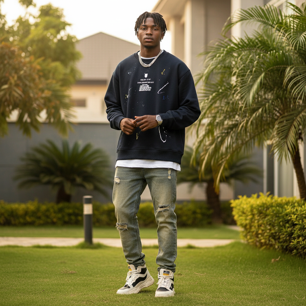 Nigerian male model wearing navy graphic paint splatter oversized crew-neck sweatshirt