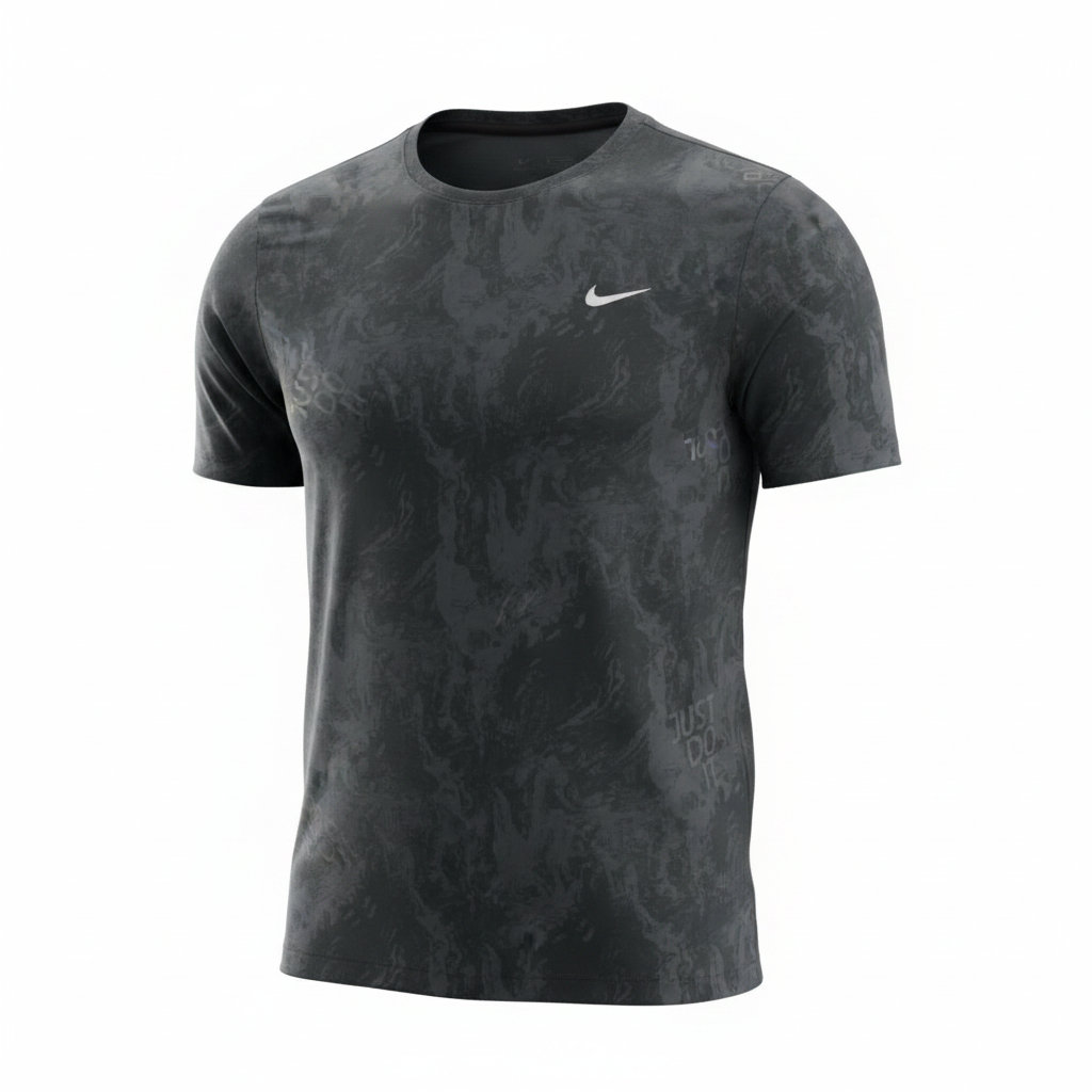 Men's dark charcoal all-over camo print athletic tee – ghost mannequin front view