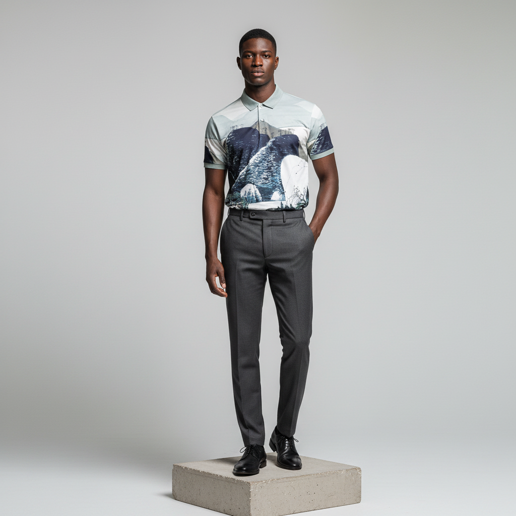 Scenic Landscape Print Polo Shirt - Model Front