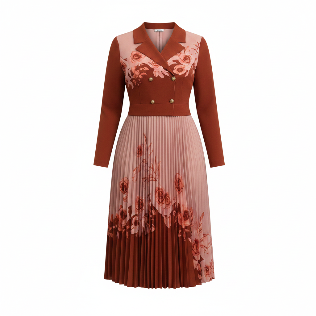 Women's Rust & Blush Pink Floral Rose Pleated Lapel Midi Gown - Ghost Mannequin Front
