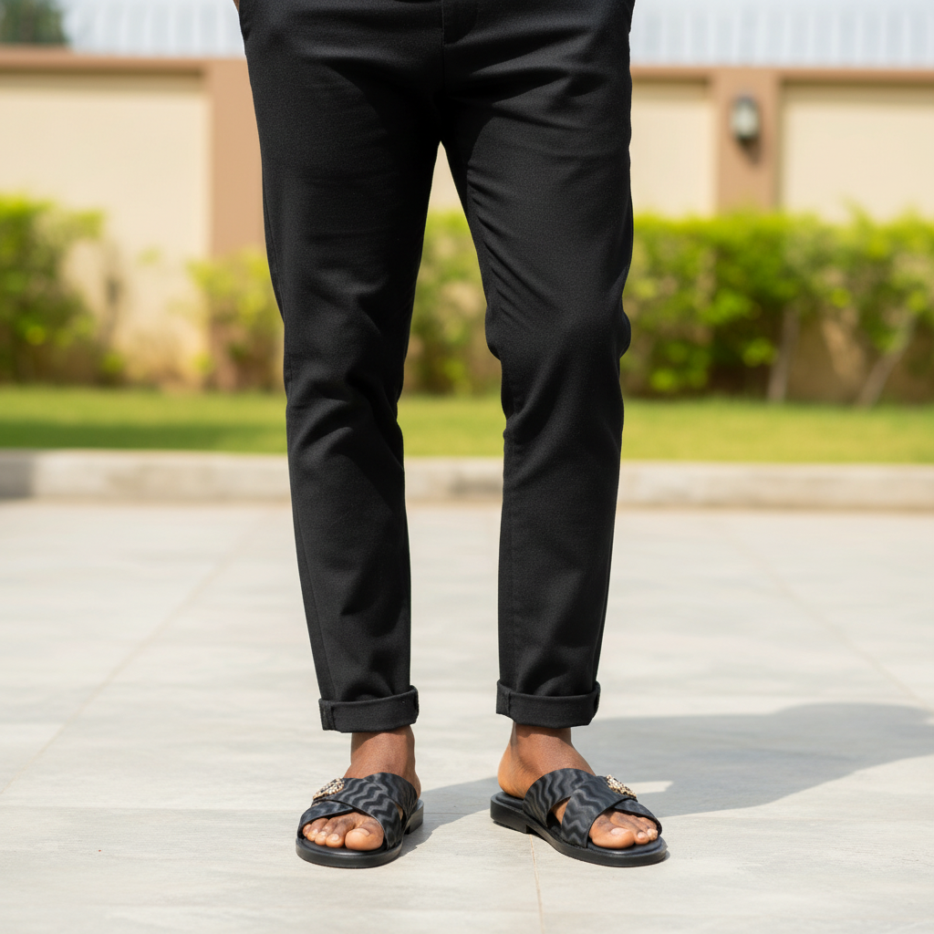 Nigerian male model wearing black wave-textured leather cross-strap slide sandals with gold crest badge, both feet visible, smart casual Gen Z style in Nigerian garden setting