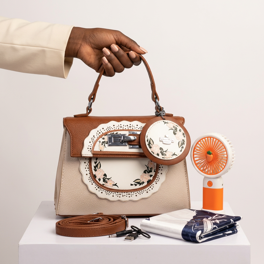 Beige floral handbag held by a Black woman's manicured hand with matching set accessories