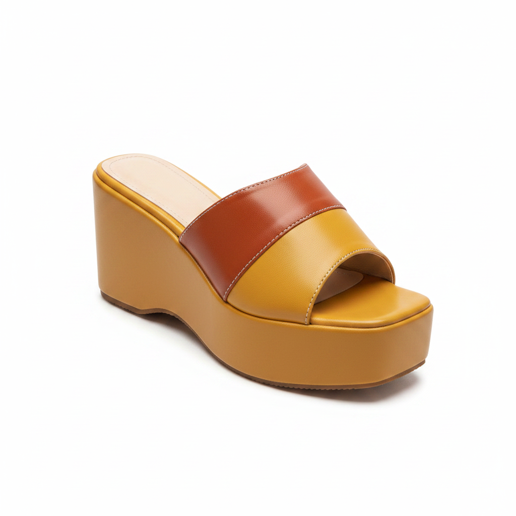 Women's Colour-Block Wedge Mule - Orange Mustard Yellow Sole