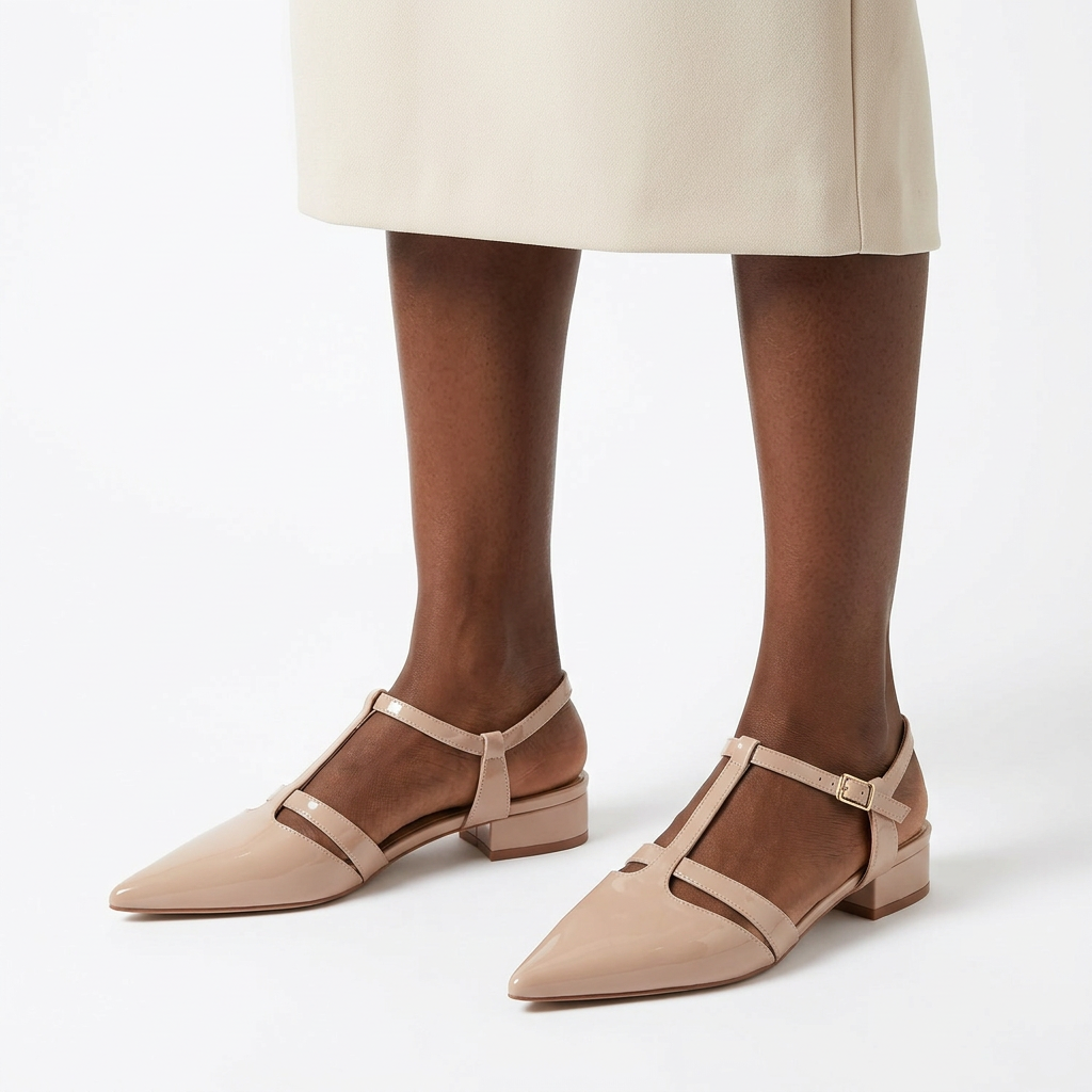 Model wearing nude pointed-toe T-strap low-heel shoes