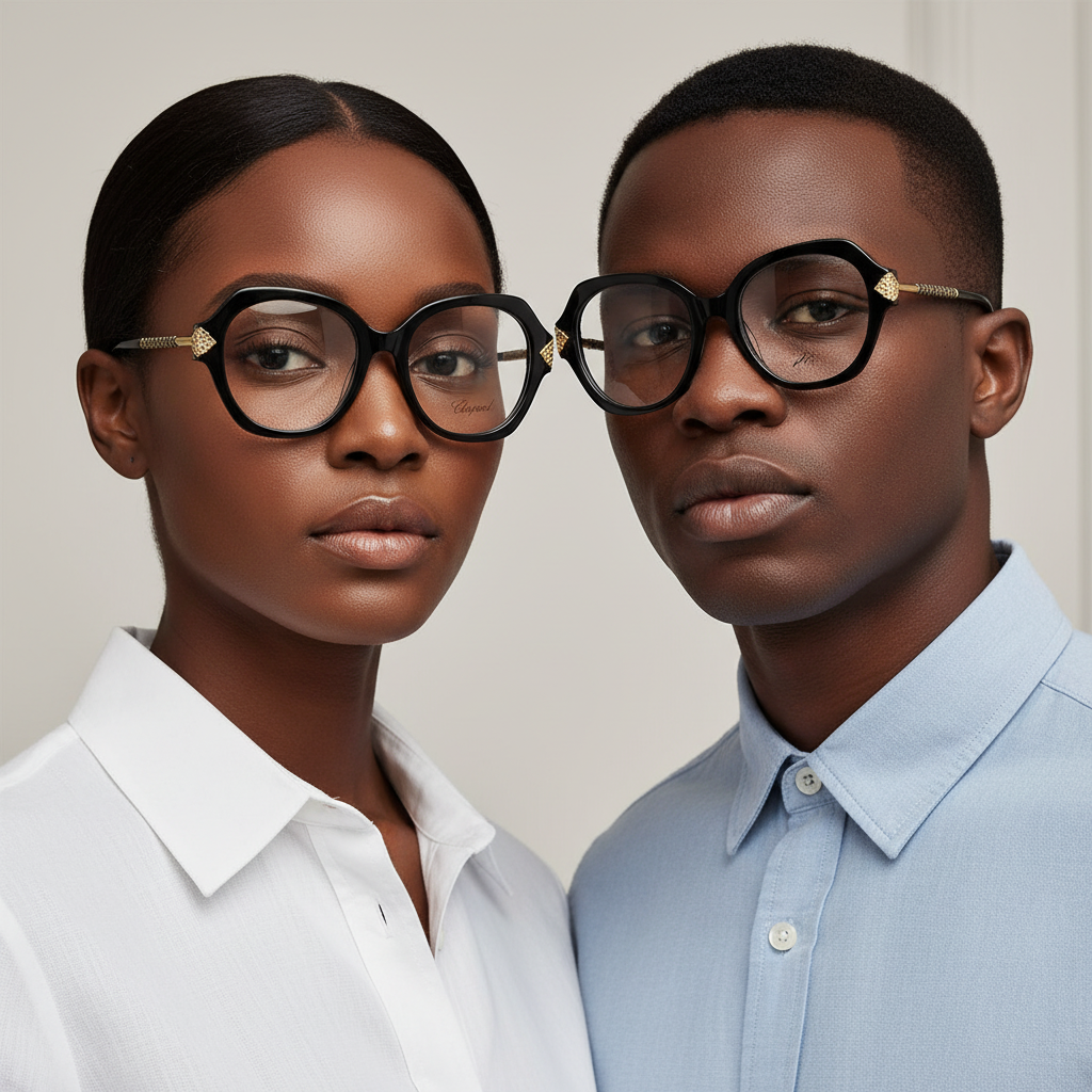 Nigerian female and male models wearing oversized round black optical eyeglasses with gold detail