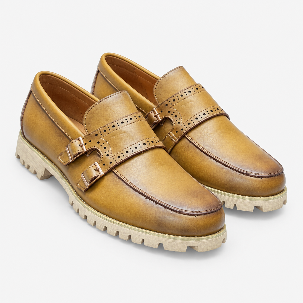 Tan men's double-buckle brogue loafers shown as a complete pair