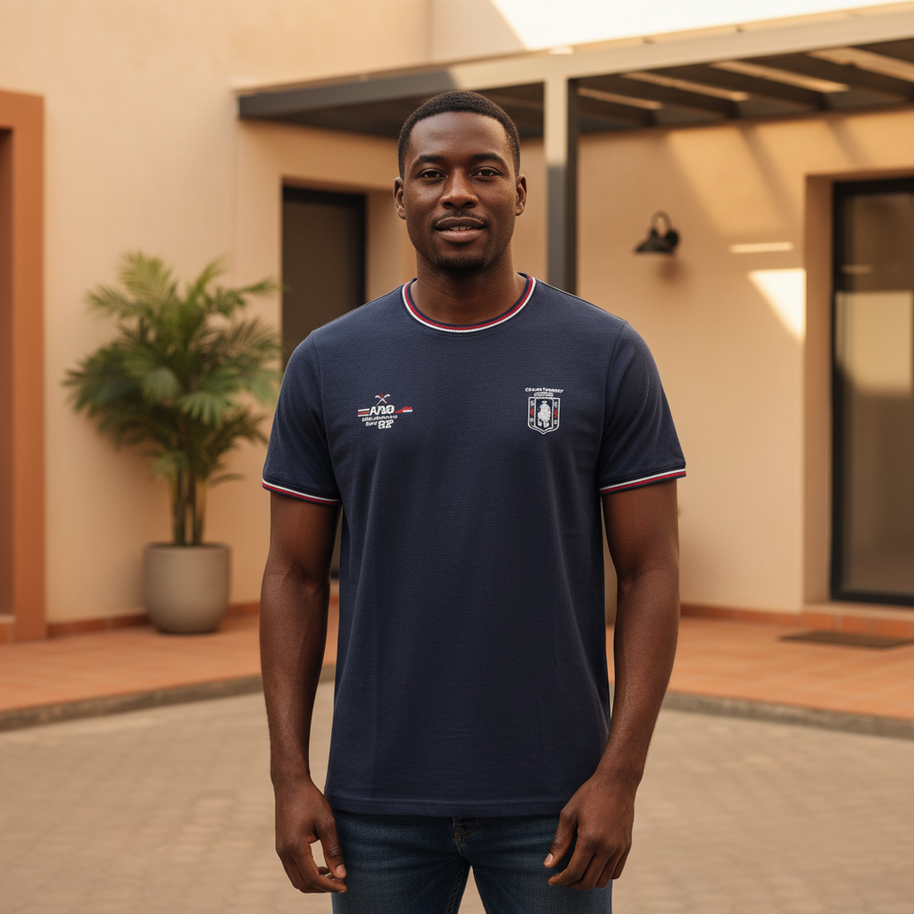 Nigerian male model wearing navy badge tee, front view