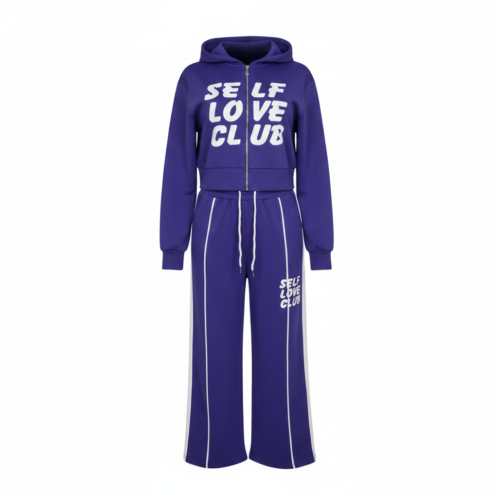 Women's royal blue Self Love Club graphic zip-up hoodie and wide-leg jogger co-ord set, ghost mannequin view
