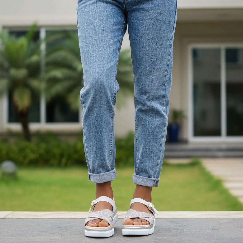 Nigerian female model wearing silver glitter cross-strap platform sandals