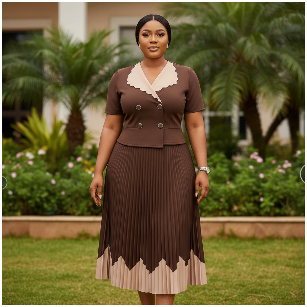 Nigerian female model wearing chocolate brown scalloped collar pleated midi two-piece set