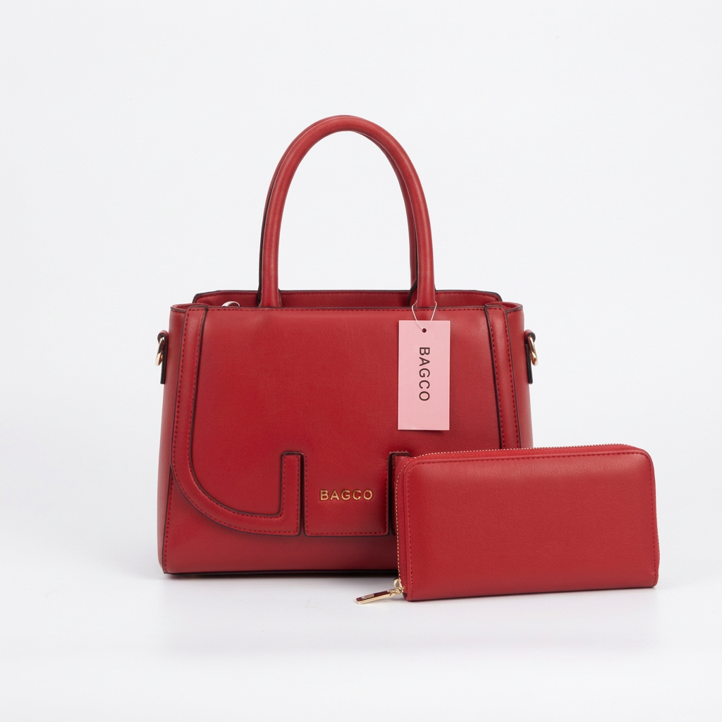 Front view of red structured handbag with matching wallet