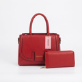 Front view of red structured handbag with matching wallet