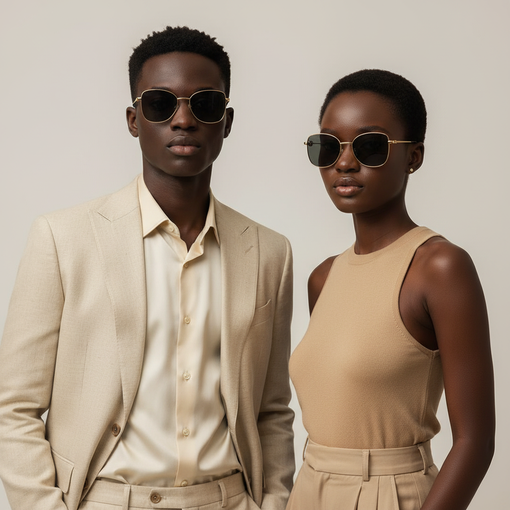 Male and female model lifestyle shot — Oversized Butterfly Sunglasses Gold Wire Grey Blue