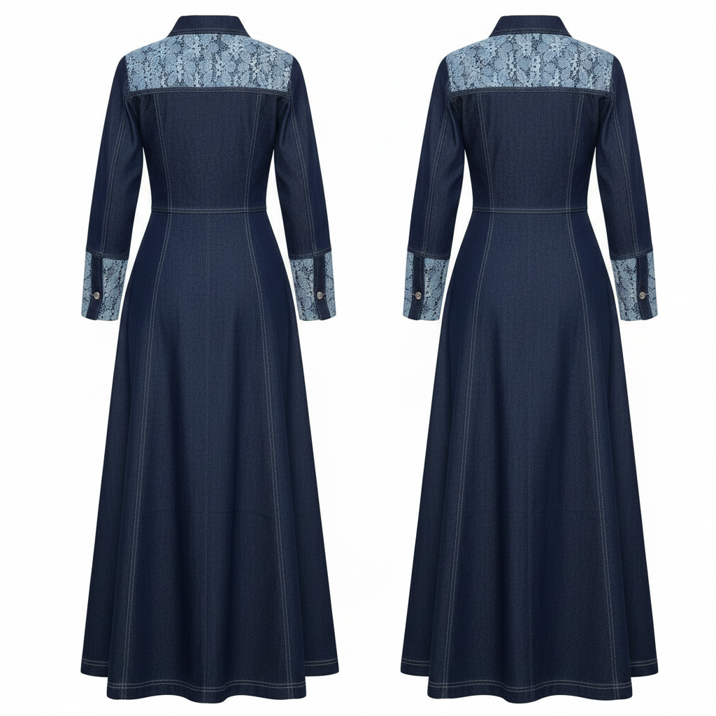 Navy Blue Lace Panel Denim Maxi Dress – Ghost Mannequin Back