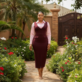 Women's Burgundy V-Neck Pinafore Midi Dress – Nigerian Female Model Shot