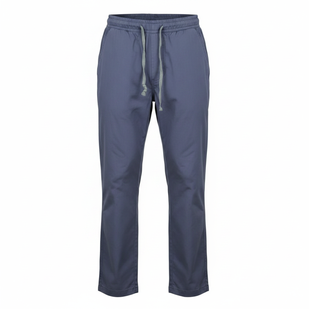 Blue drawstring trousers on ghost mannequin, white background