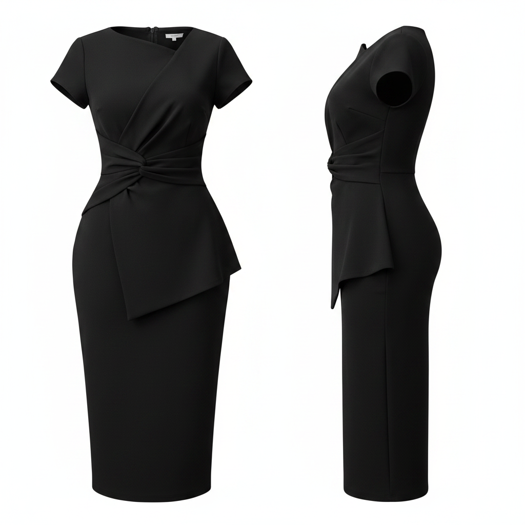 Women's Black Asymmetric Bow-Tie Bodycon Midi Dress – Ghost Mannequin Front and Side View