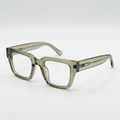 Smoky grey translucent rectangular clear-lens eyeglasses on a white background