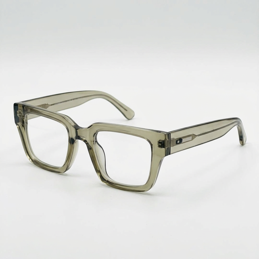 Smoky grey translucent rectangular clear-lens eyeglasses on a white background
