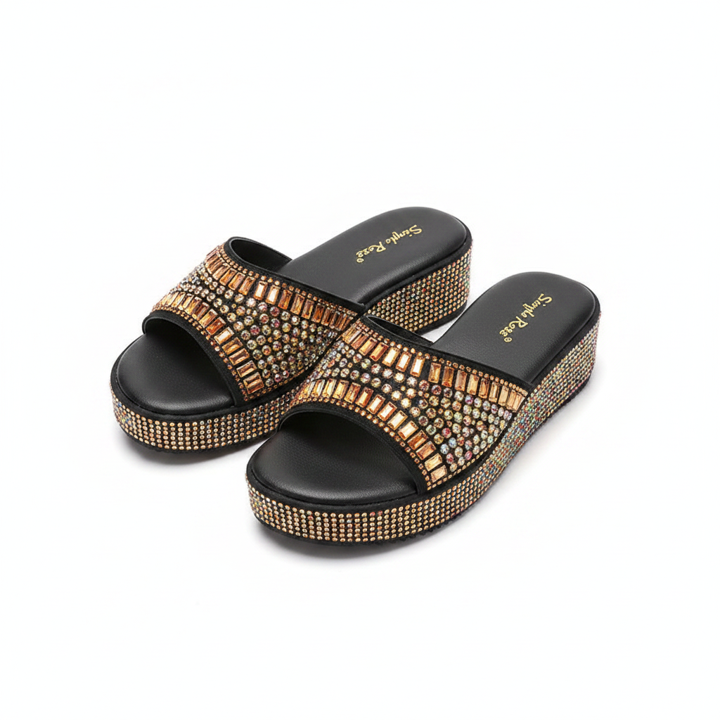 Women's Rhinestone Platform Wedge Slide Slipper - Gold Ghost Mannequin