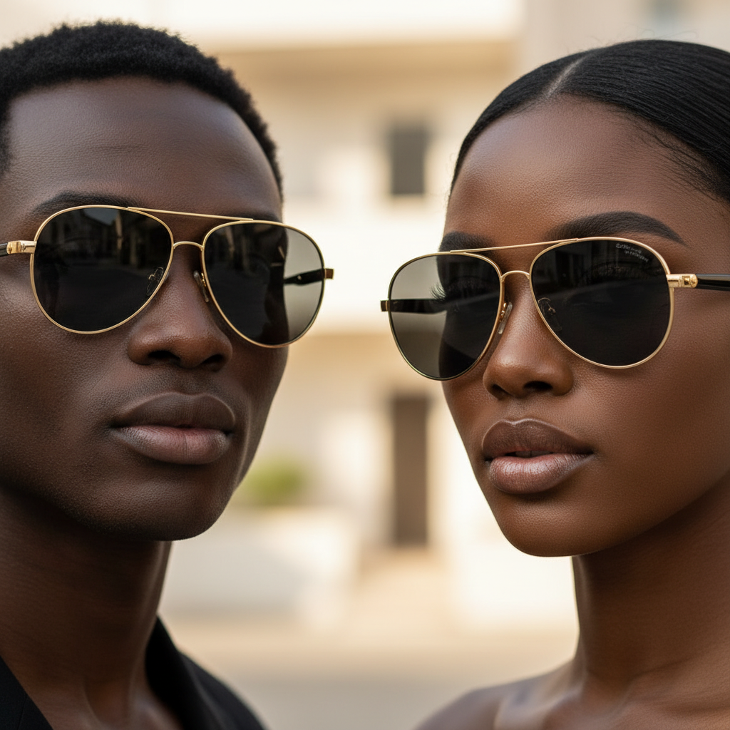 Nigerian male and female models wearing gold double-bridge aviator sunglasses with dark grey smoke lens and black temple
