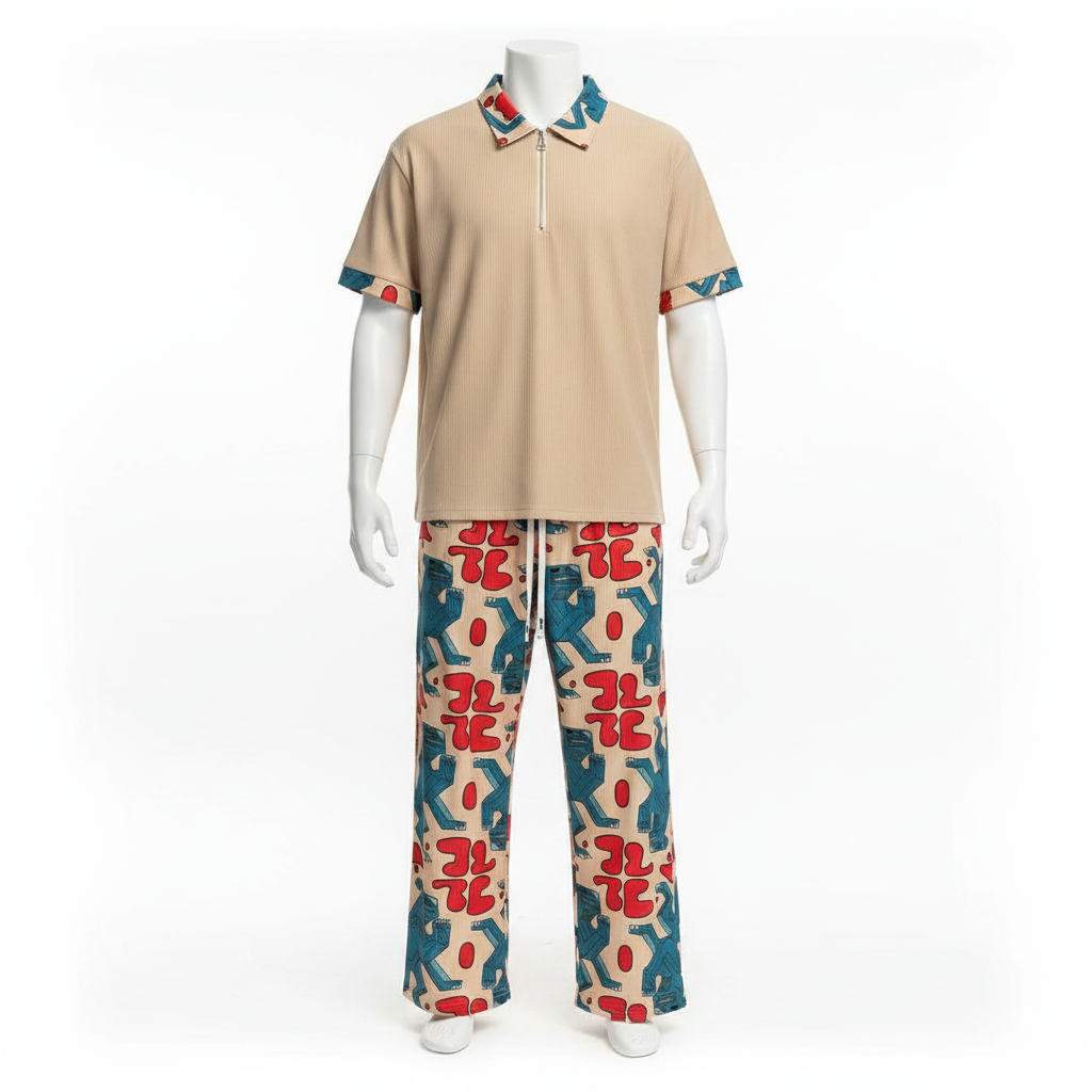 Ghost mannequin cream ribbed abstract print polo and trouser two-piece set