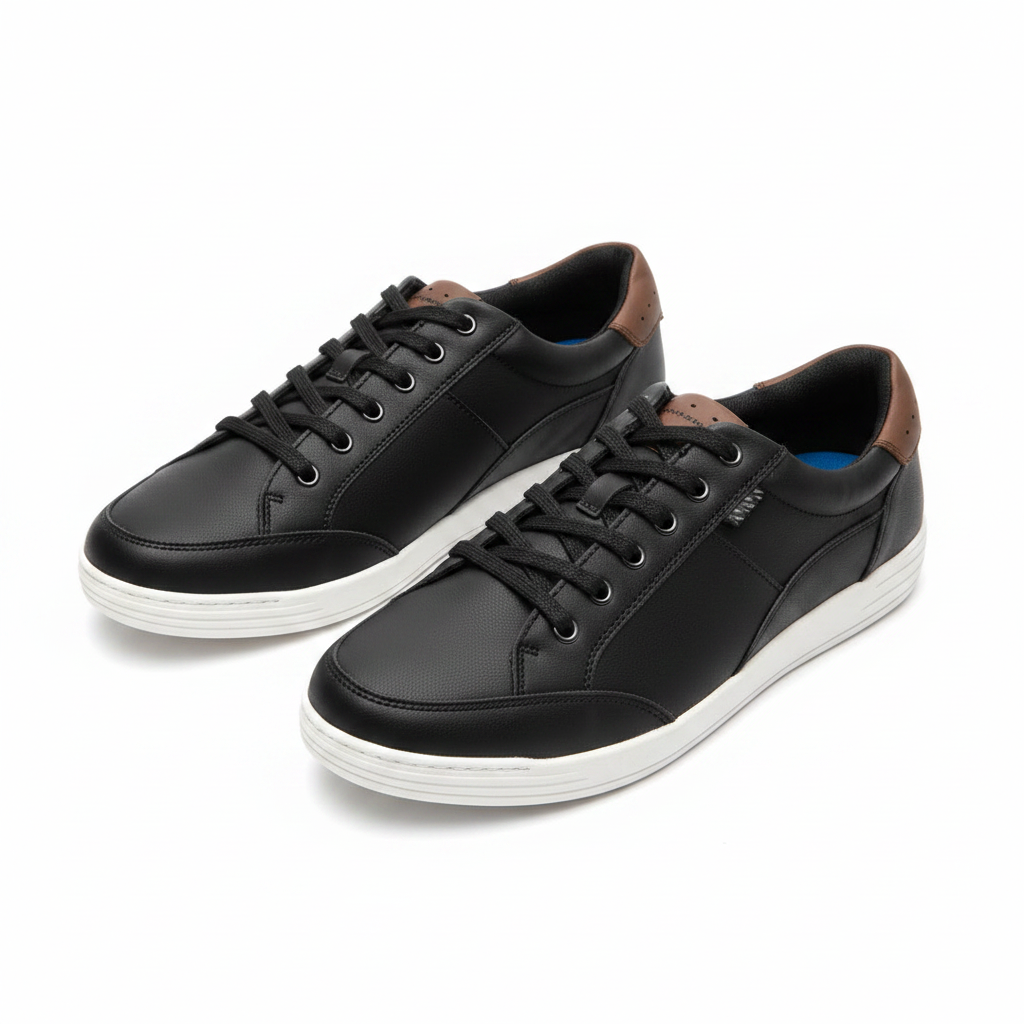 Men's black casual low-top sneakers ghost mannequin front view