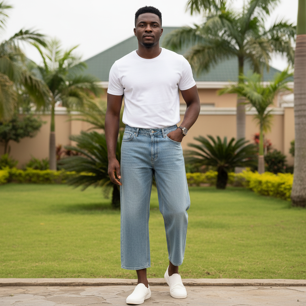 Nigerian male model wearing Women's Light Blue Washed Wide-Leg Cropped Denim Jeans