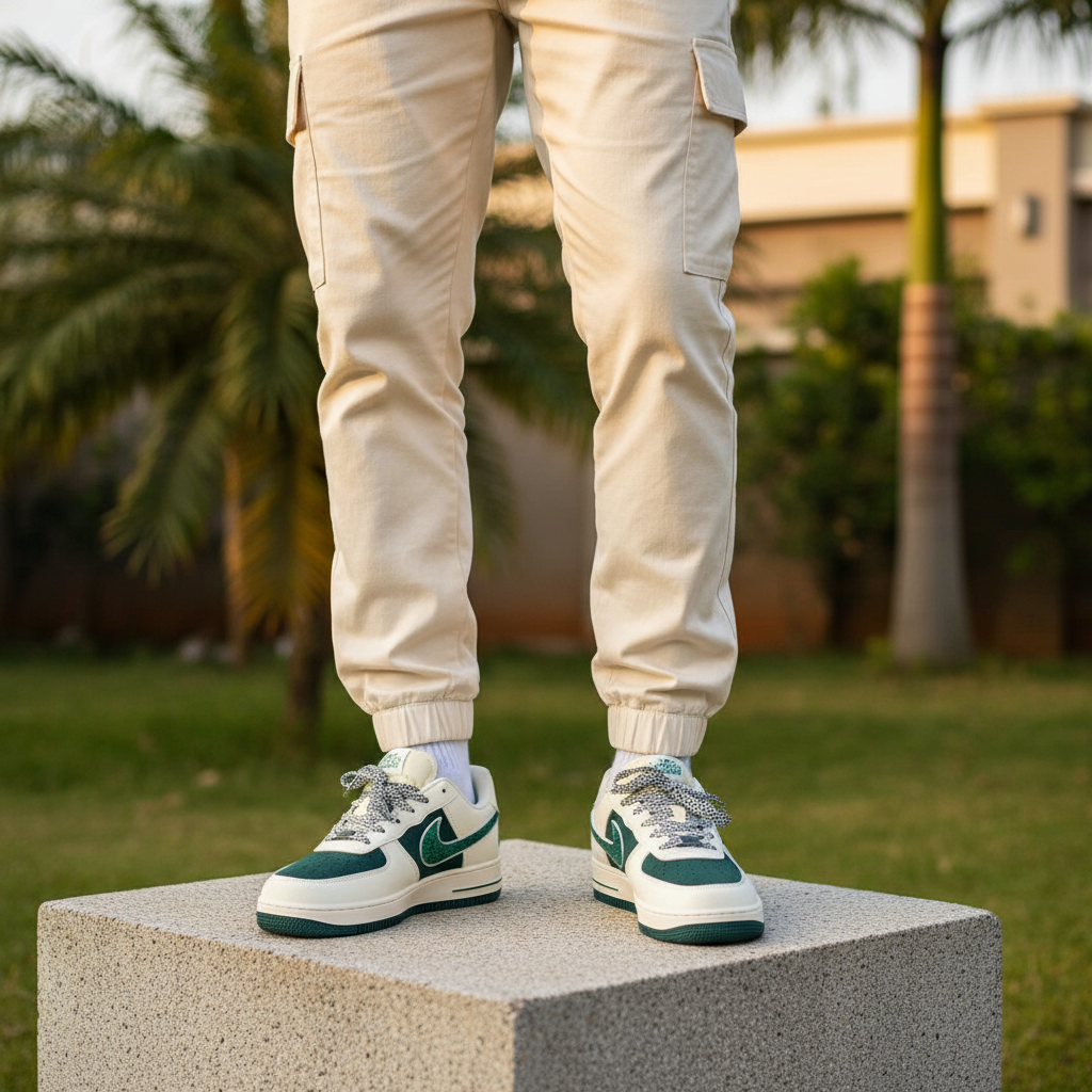 Men's cream teal green sneakers leg-focus lifestyle shot Nigerian male model