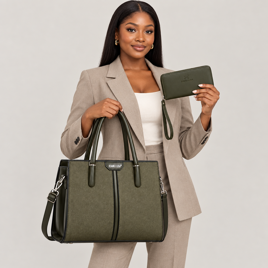 Model carrying olive green tote and matching wallet
