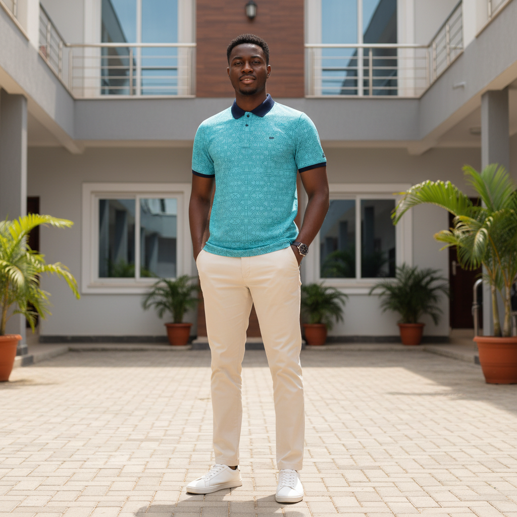 Young Nigerian male model wearing teal geometric polo shirt