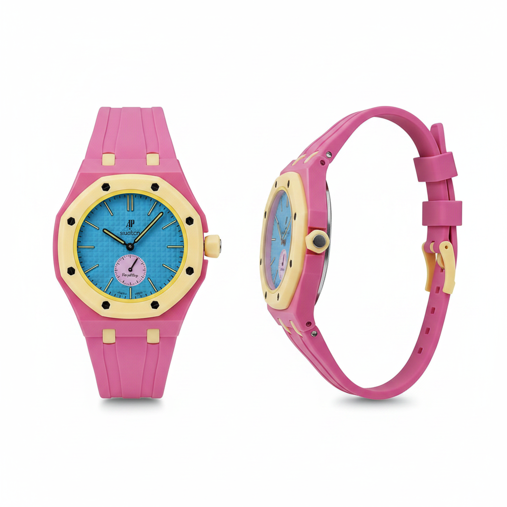 Unisex pink octagonal pop watch with yellow bezel and sky blue dial, front and side view