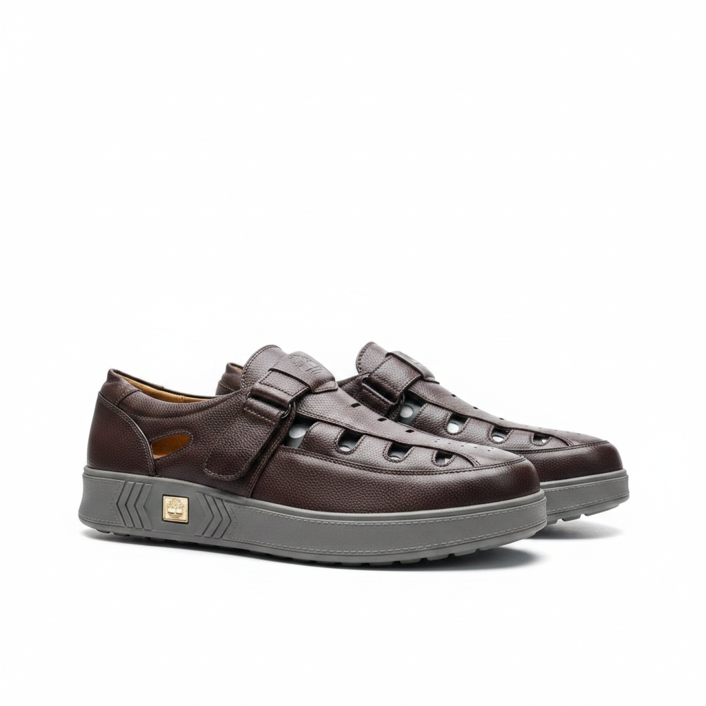 Men's dark brown pebbled leather ventilated velcro-strap slip-on shoes pair product shot