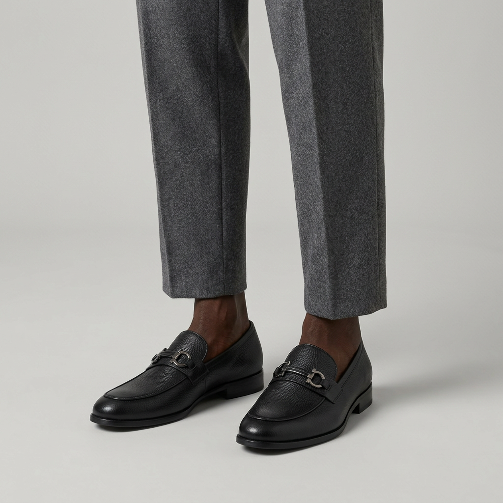 Man wearing black leather loafers with silver-toned buckle detail on a plain studio background