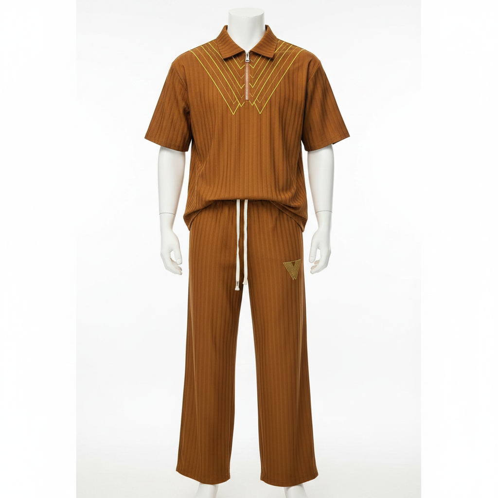 Ghost mannequin cognac gold chevron ribbed polo and trouser two-piece set