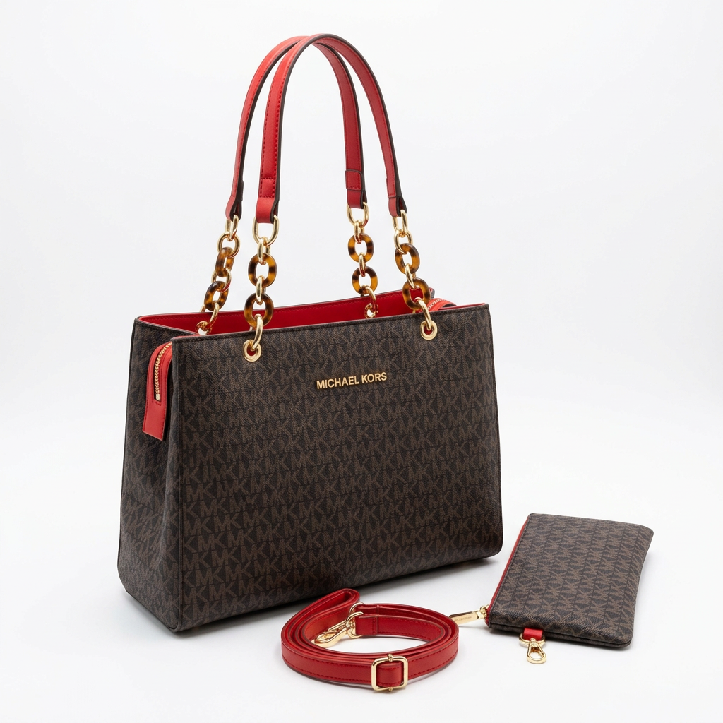 Brown monogram tote with red handles, matching purse and adjustable red strap on white