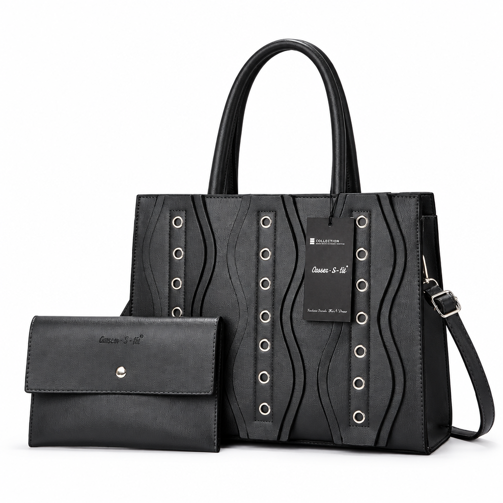 Black structured handbag and matching separate purse on white background