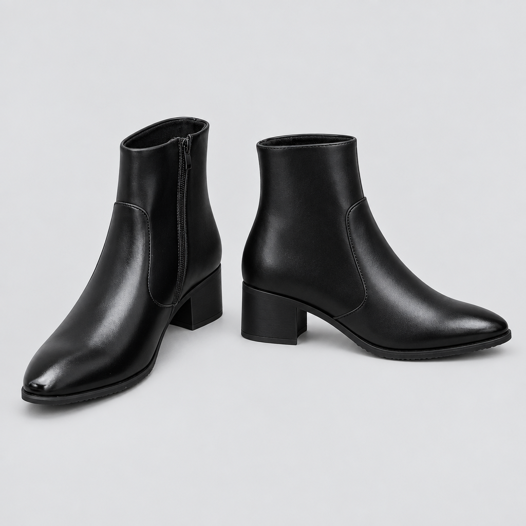 Pair of black smooth zip ankle boots front and side views