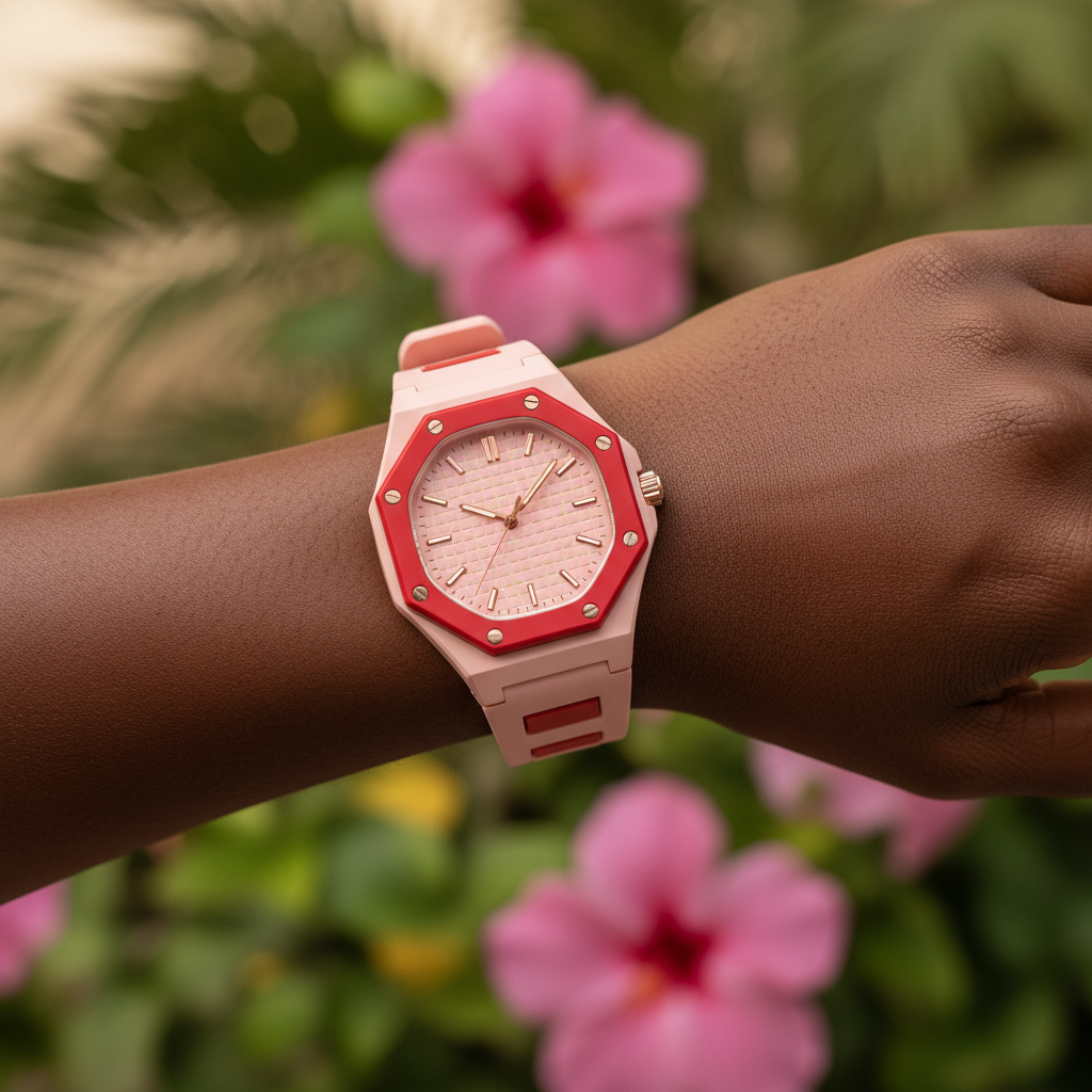 Nigerian female model wearing unisex blush pink and red octagonal pop watch with solid blush dial on wrist